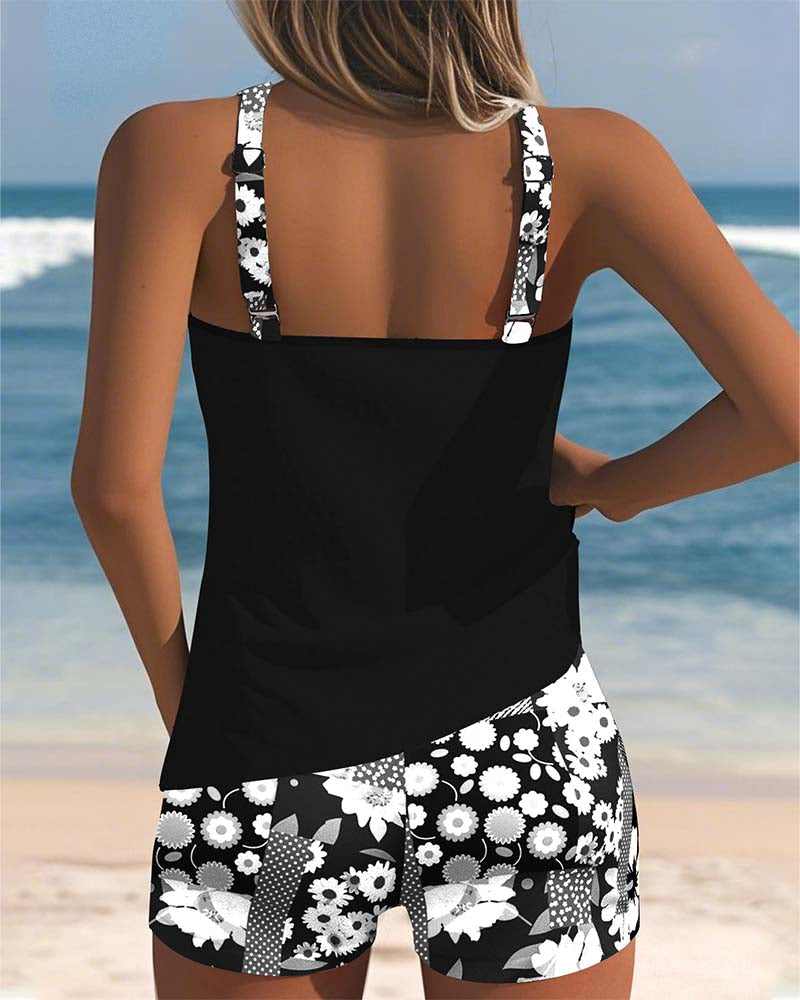 Cute two piece swimwear with colorful floral pattern for pool and beach days