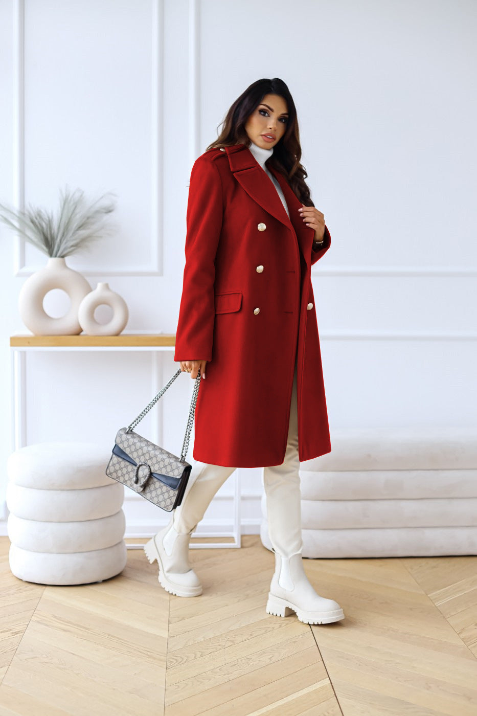 Back view of women's double-breasted elegant long coat