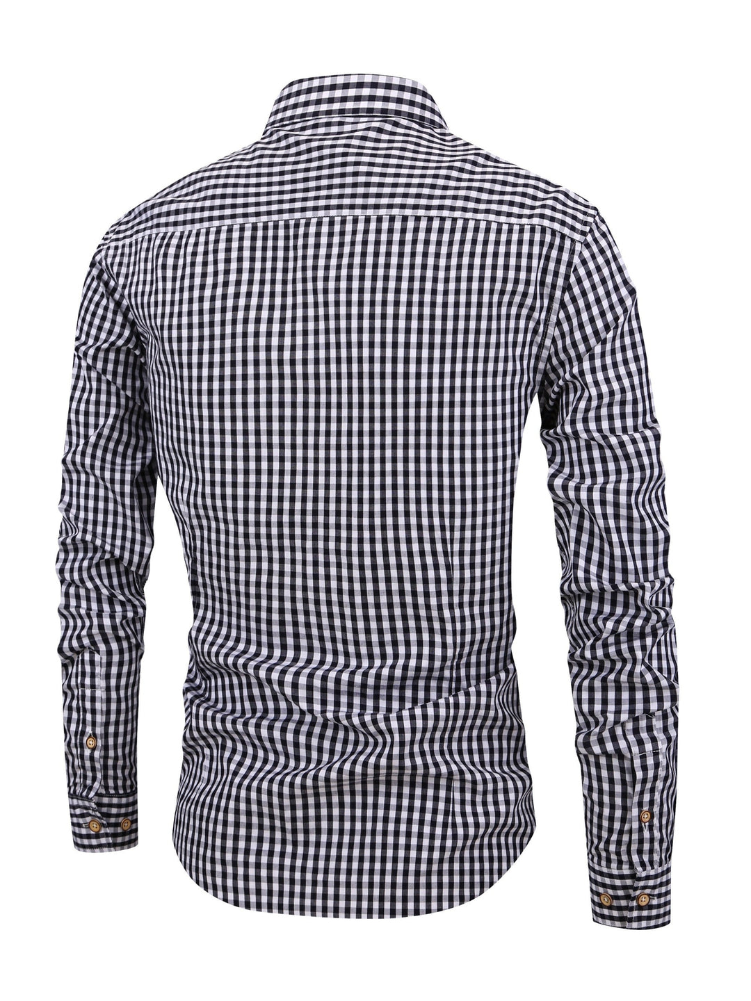 Collar and button placket detail of mens check pattern casual shirt