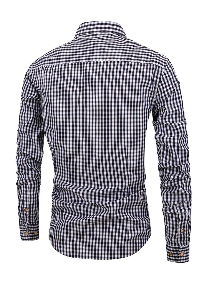 Collar and button placket detail of mens check pattern casual shirt