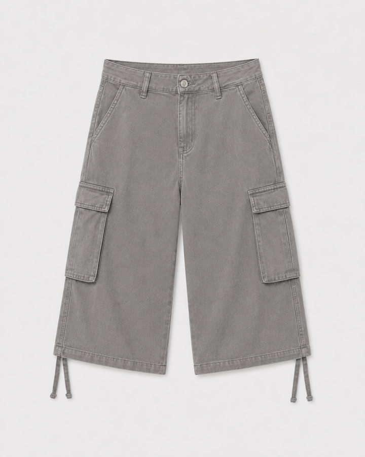 Close-up of flap pocket button on women's cargo shorts