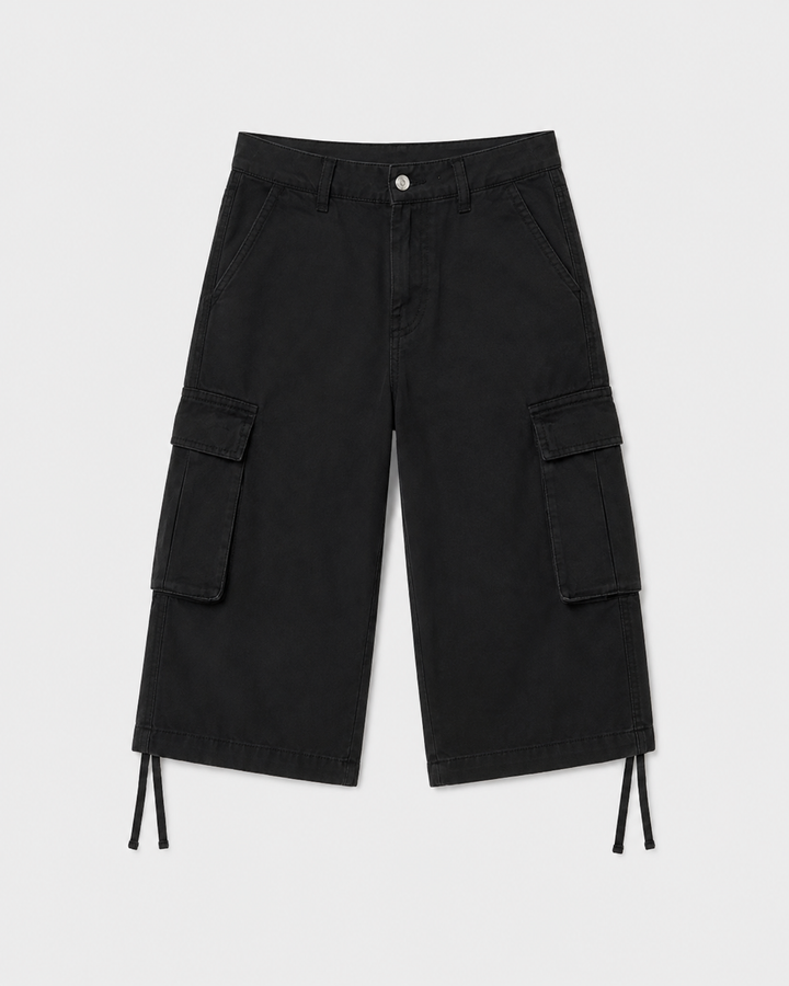 Minimalist display of women's multi-pocket summer shorts