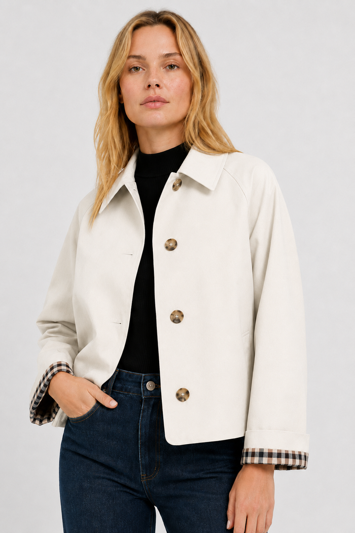 Full length view of womens beige lightweight casual jacket