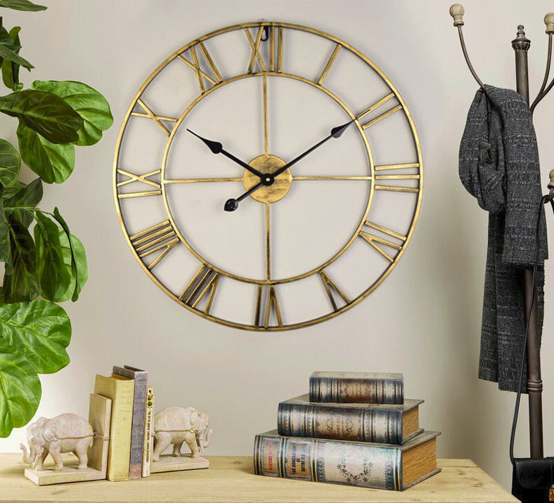 Oversized industrial wall clock displayed in a living room setting