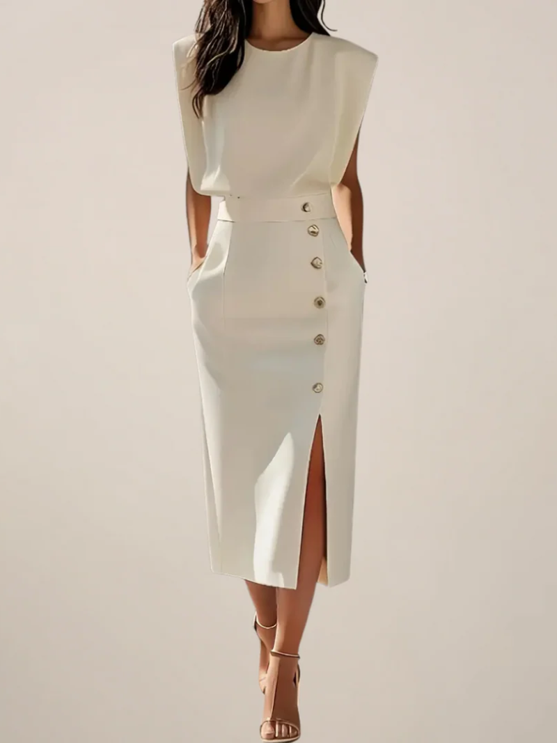 Woman wearing cream midi dress with side slit and button details