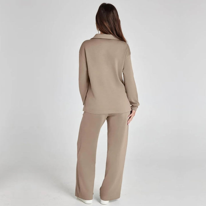Women's V-neck loungewear set showcasing the collar detail