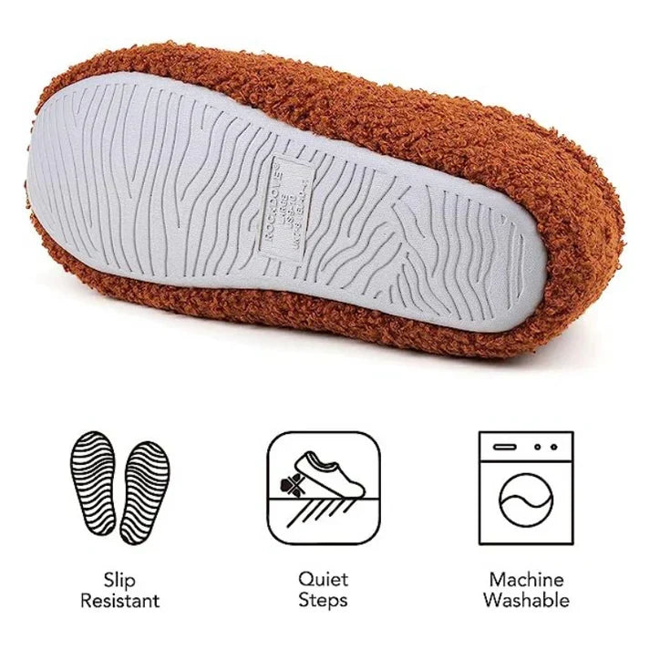 Breathable and warm fleece house shoes displayed on neutral background