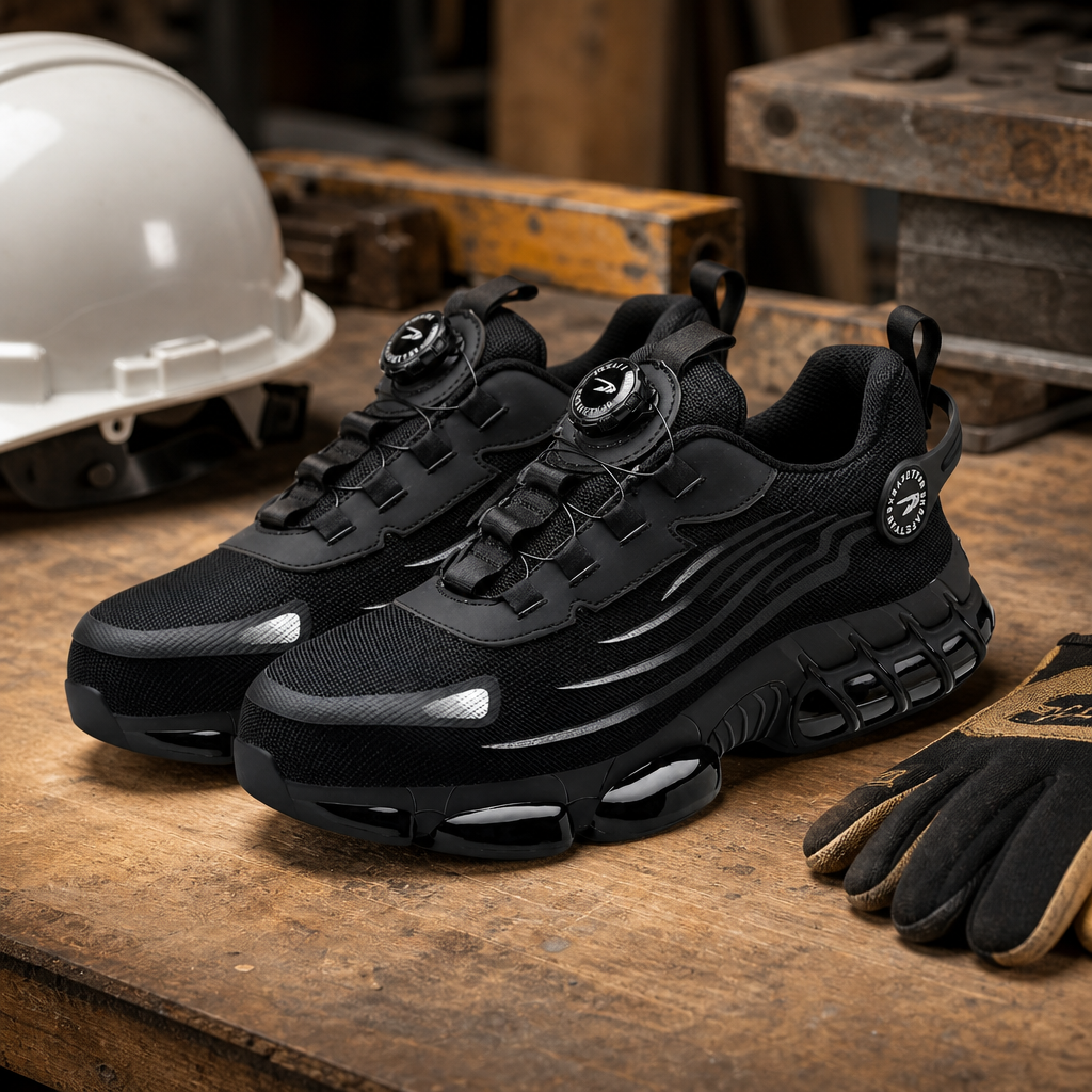 Pair of black orthopedic safety work shoes displayed on a wooden workbench with a hard hat and work gloves.