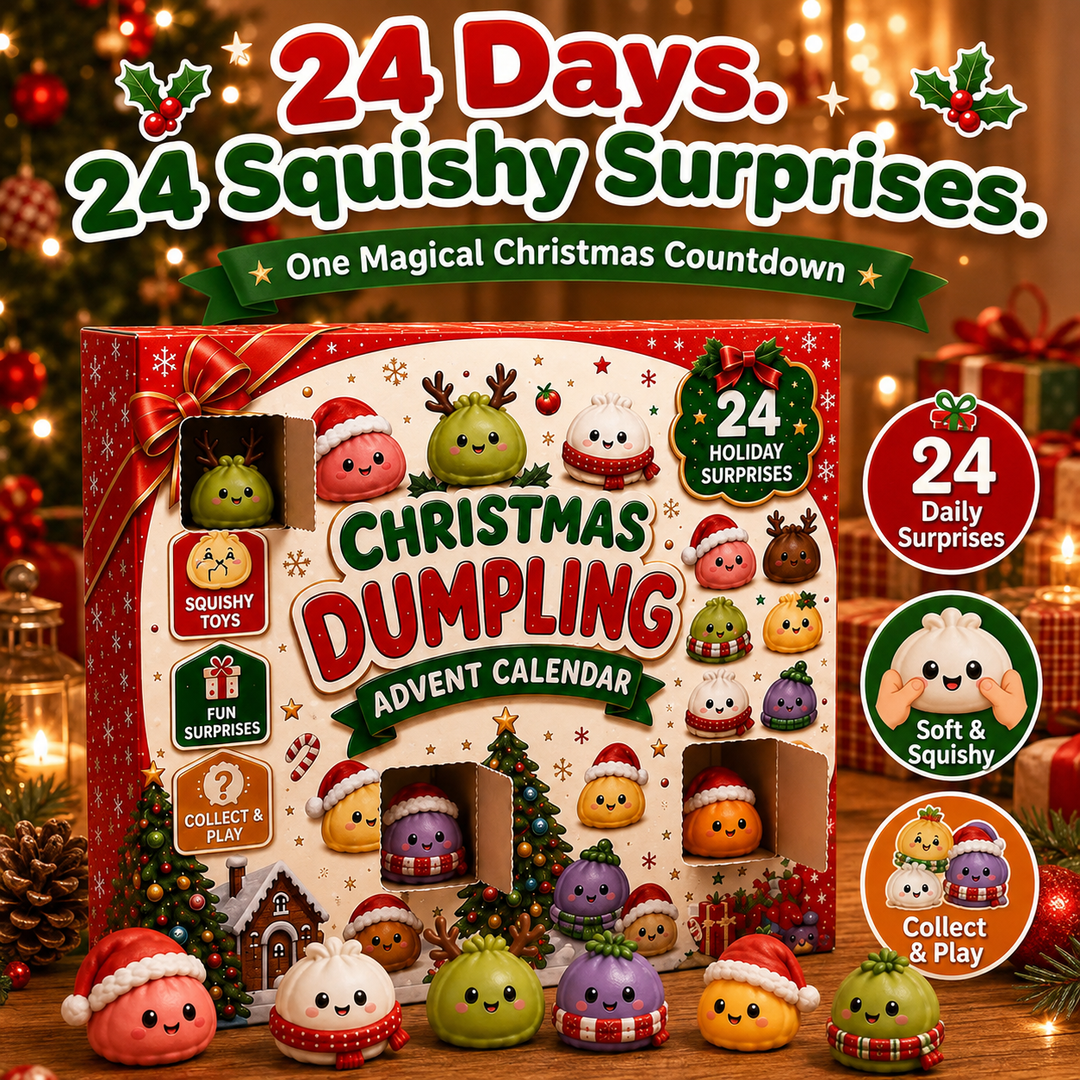Christmas Dumpling Advent Calendar box surrounded by festive mini squishy toys