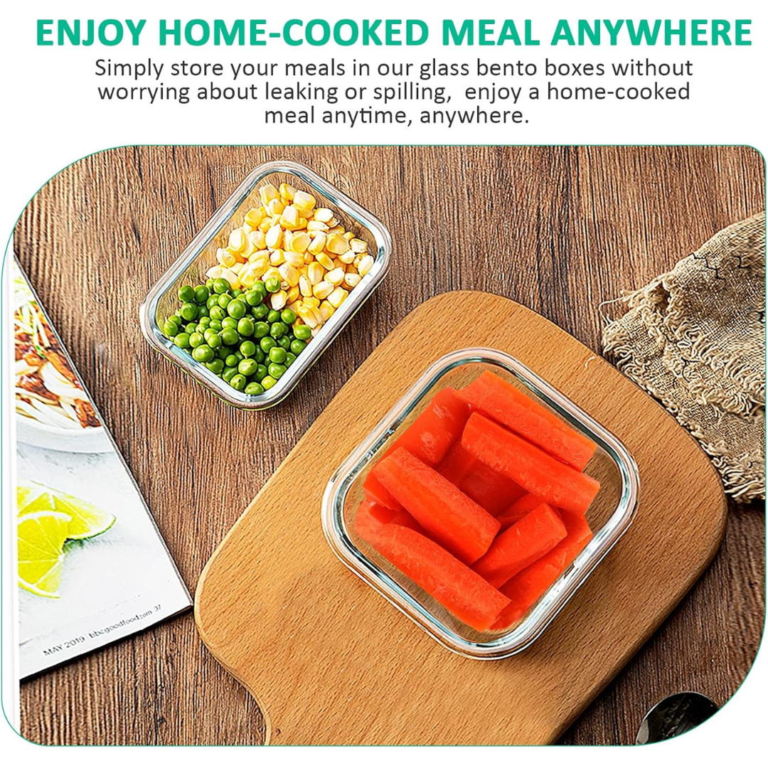 Glass bento box filled with fresh vegetables next to meal prep inspiration