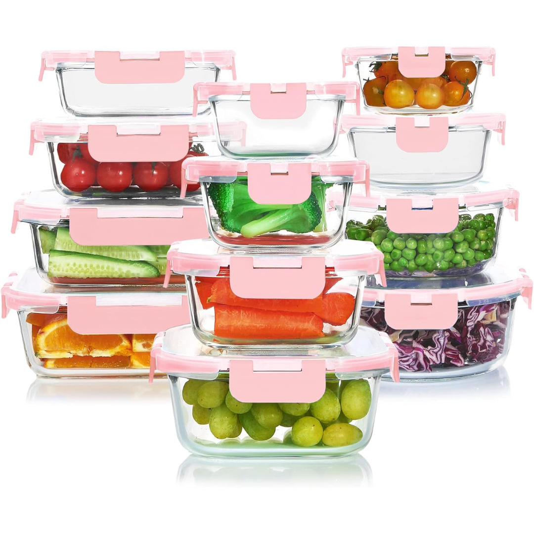 Airtight glass food containers stacked neatly for kitchen storage organization