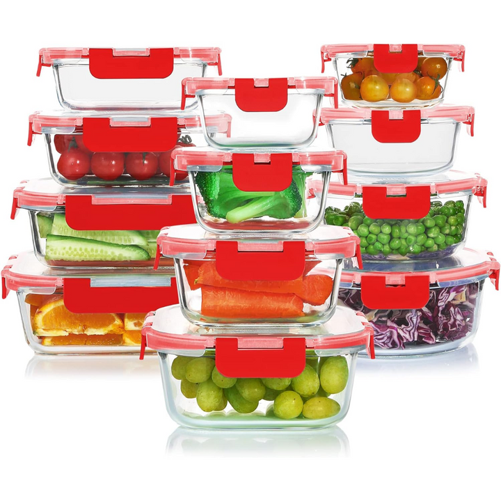 Set of clear glass containers with colorful silicone seal lids for home cooking