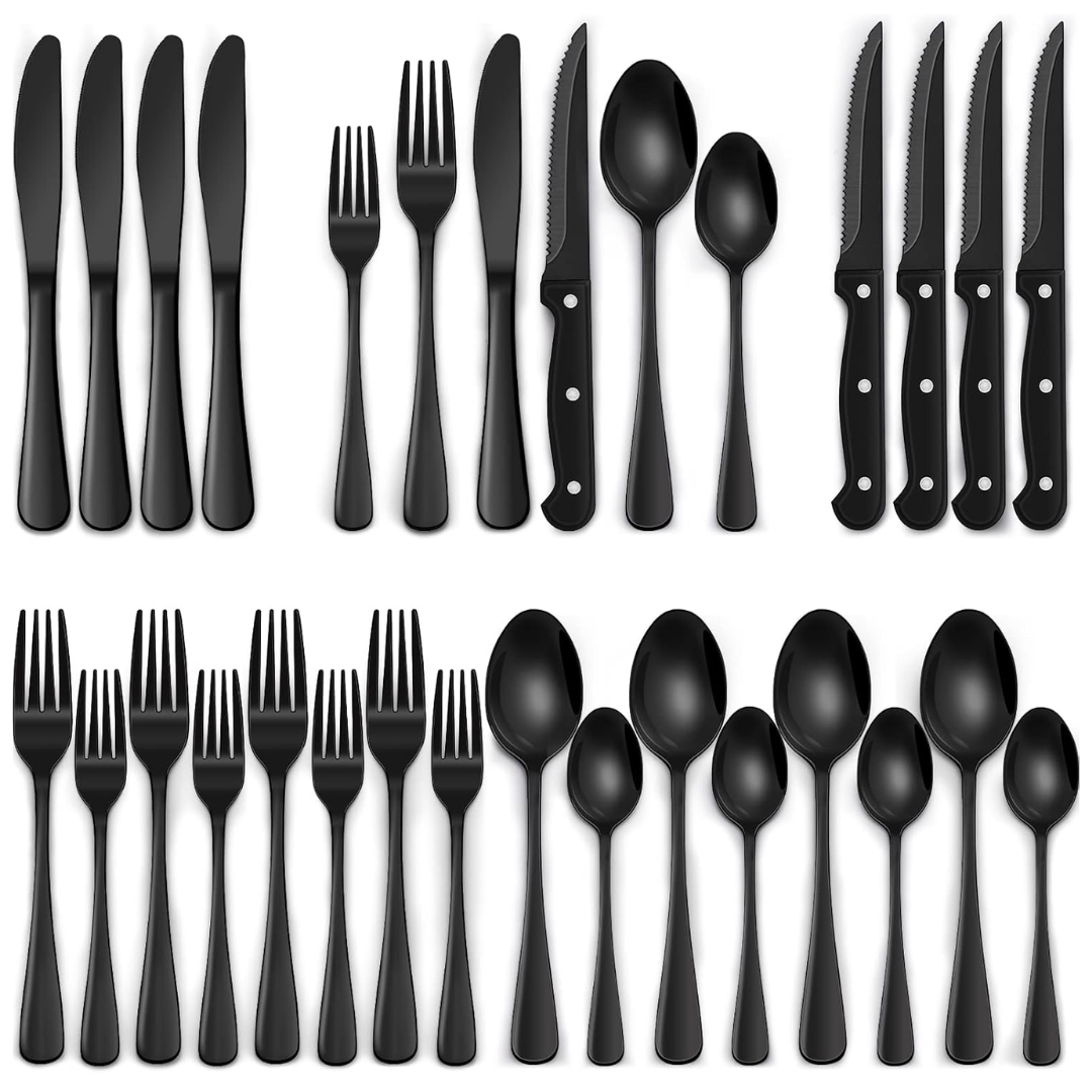 Complete 24-piece black stainless steel cutlery set laid out flat