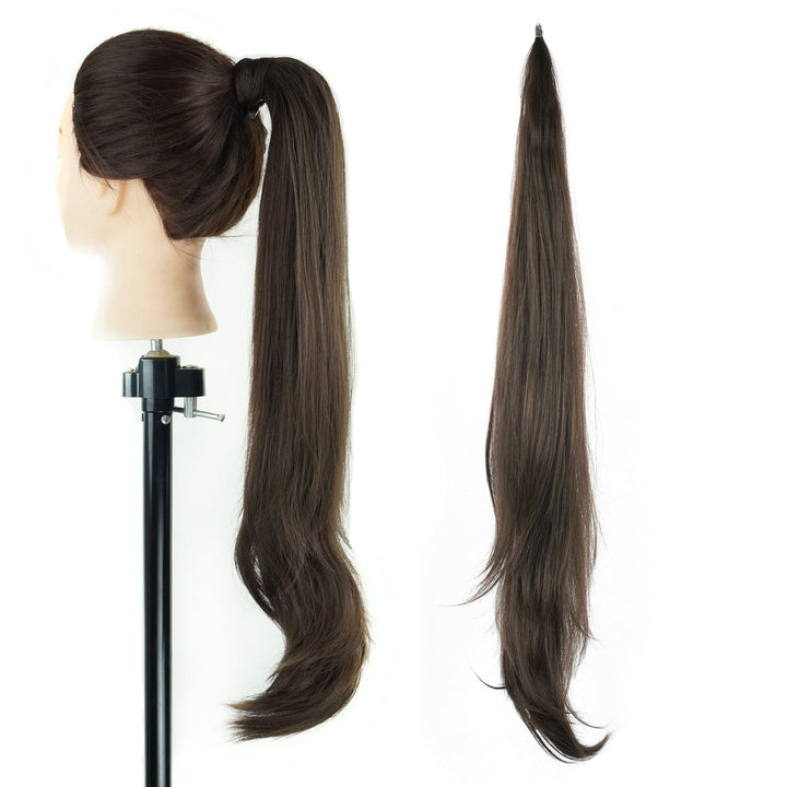 Brown long curly wrap-around ponytail hair extension shown on mannequin head alongside detached view