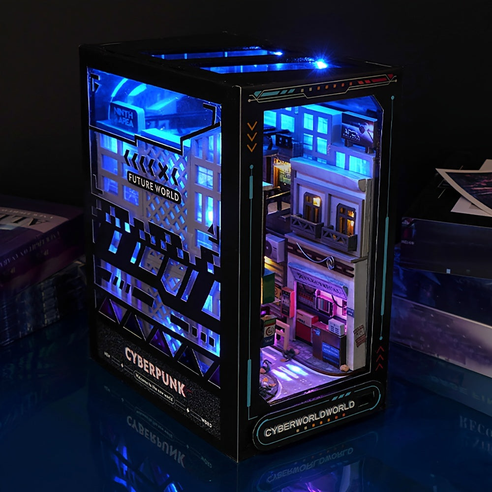 Illuminated DIY cyberpunk cabinet showcasing futuristic city details and blue LED lights