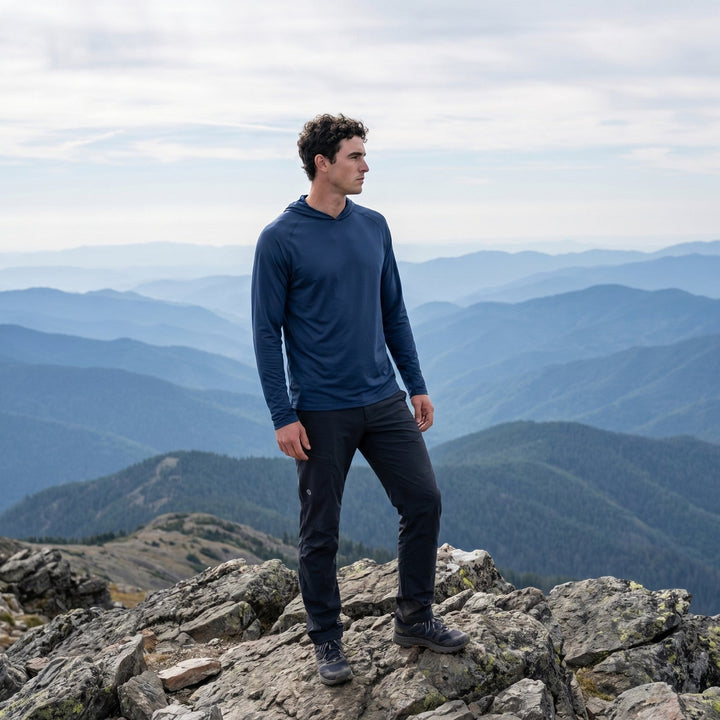 Back view of men's athletic hiking hoodie with breathable sun protection fabric