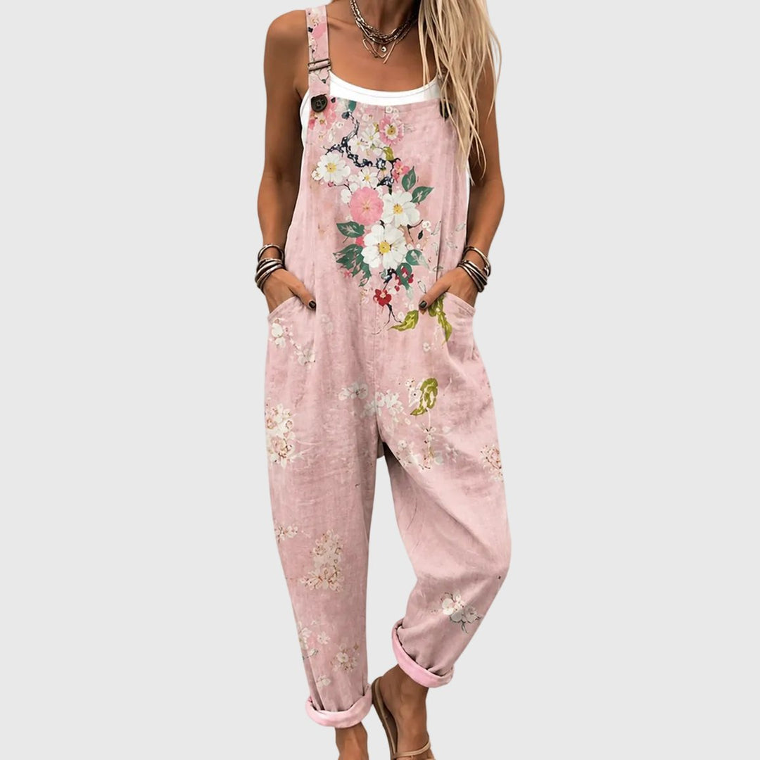 Womens floral print overalls in relaxed fit casual botanical style with sleeveless design