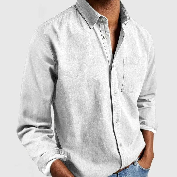 Close-up of button down collar and placket on modern fit menswear shirt