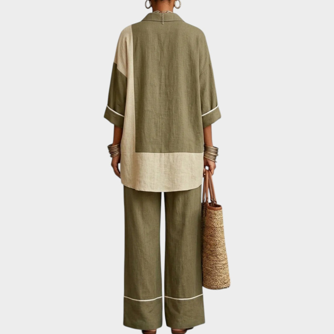 Womens color block two piece matching set featuring wide leg pants and a button down shirt.