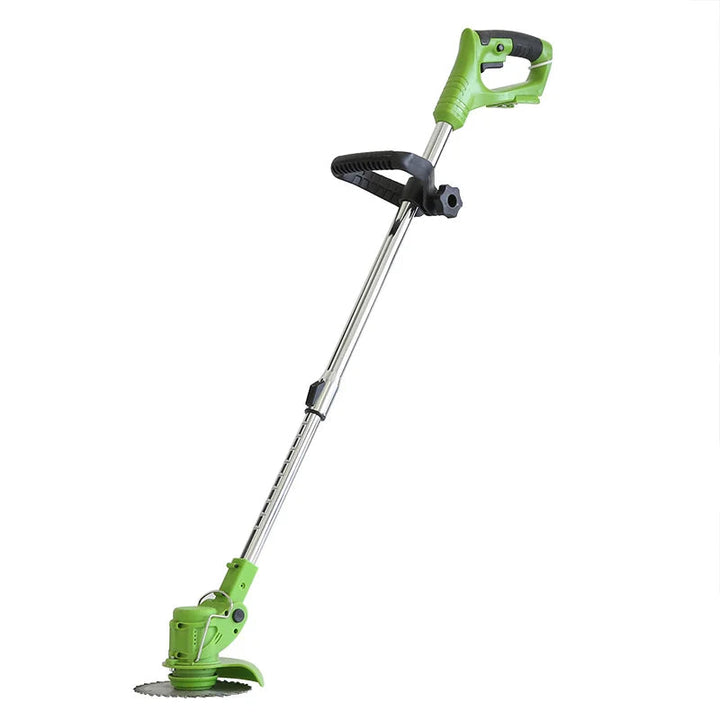 Full view of the green cordless electric grass trimmer with telescopic pole.