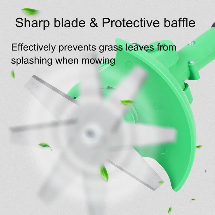 Close up of the spinning blade and protective safety baffle on the grass trimmer.