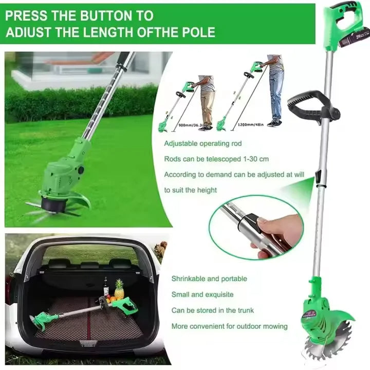 Battery powered lawn edger and garden tool with adjustable cutting head