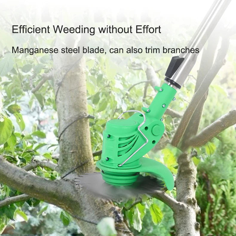 Complete cordless garden tool set with grass trimmer and accessories
