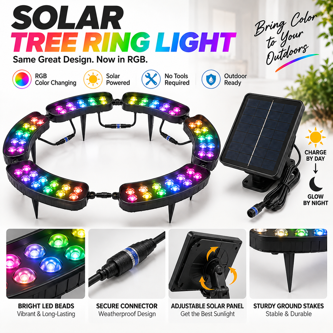 Complete set of solar tree ring landscape lighting units arranged on grass