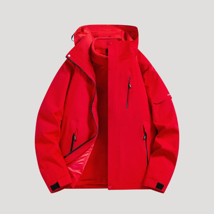 Women's vibrant red waterproof hooded outdoor jacket with zip closure