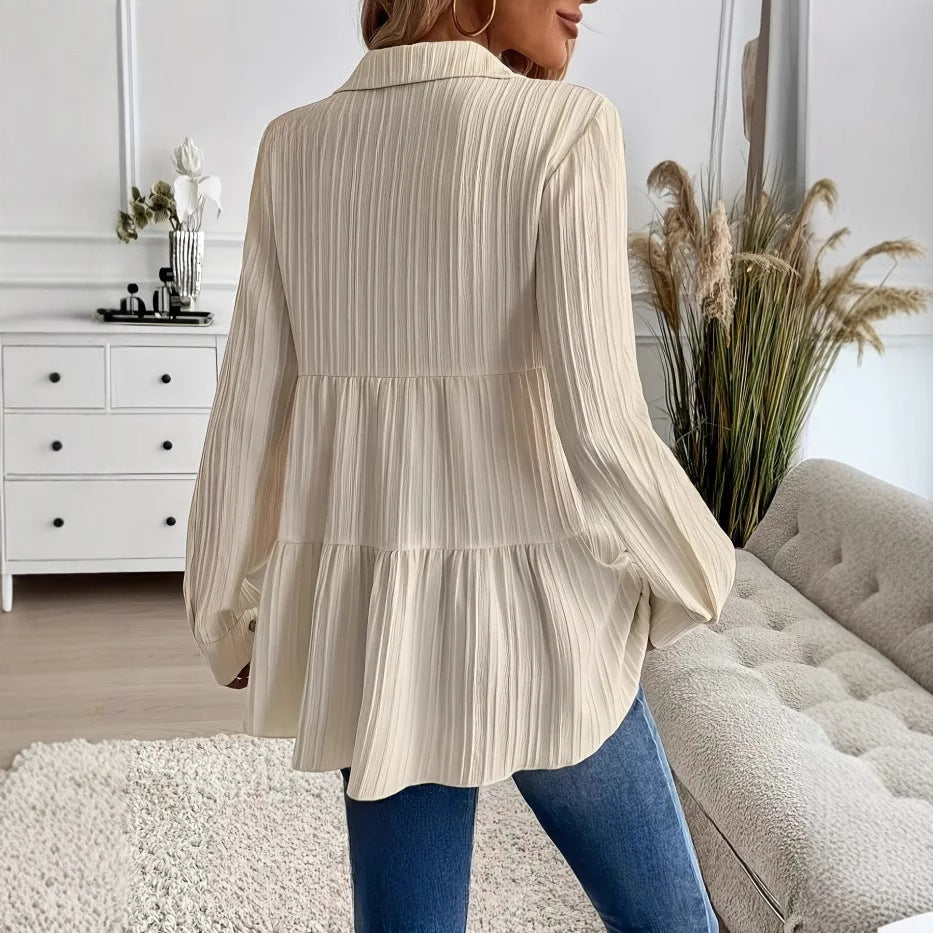 Back view of the women's beige shirt showcasing the regular fit