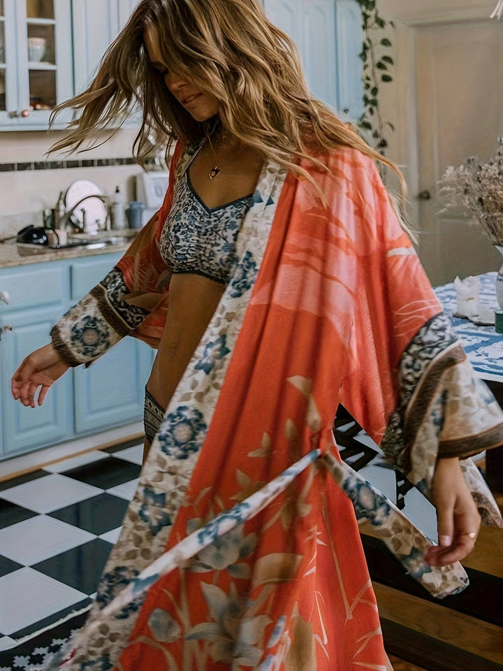 Close up fabric detail of lightweight floral kimono resort wear for women