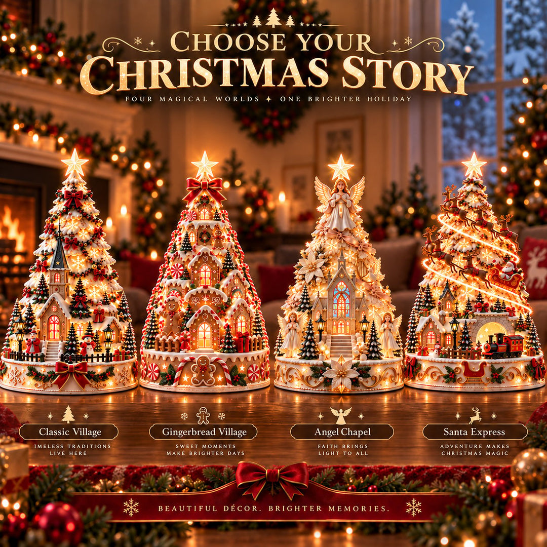 Decorative tabletop christmas tree featuring festive projection scenery