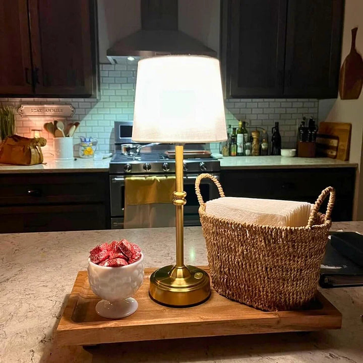Rechargeable retro LED lamp being used for stylish outdoor patio lighting