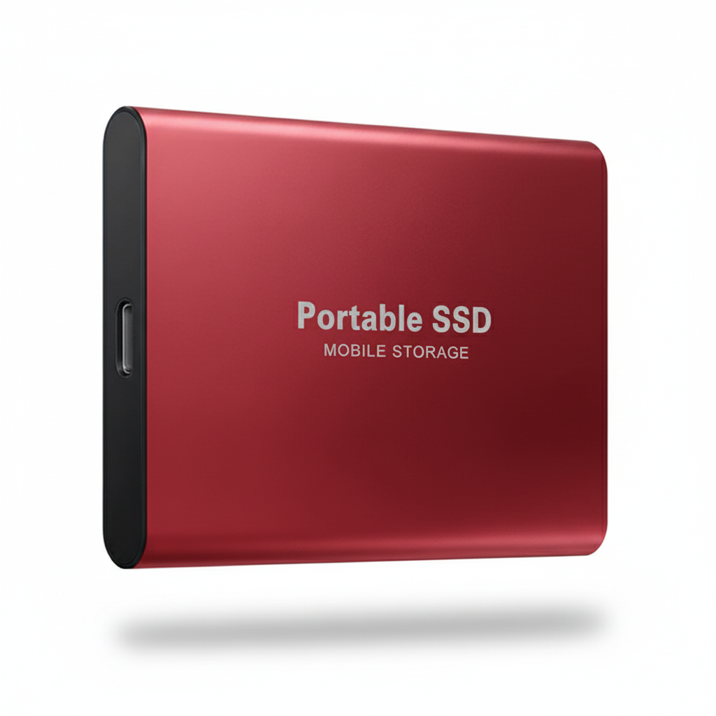 External solid state drive plugged into modern tablet transferring large media files