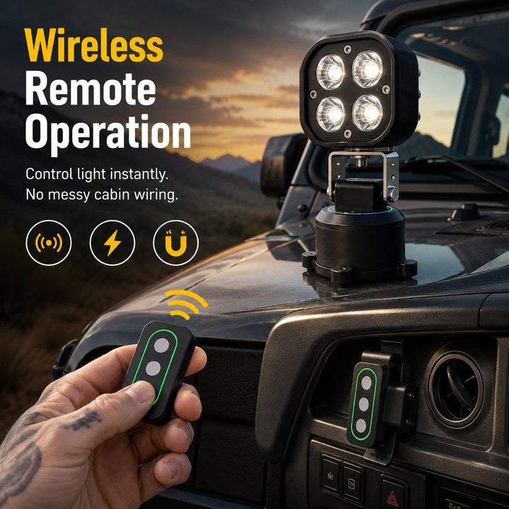 Portable LED work light mounted magnetically on a car hood for night repairs