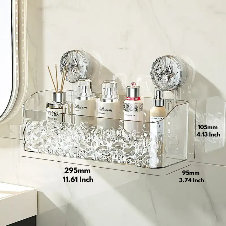 No drill suction wall shelf loaded with personal care products in a modern shower