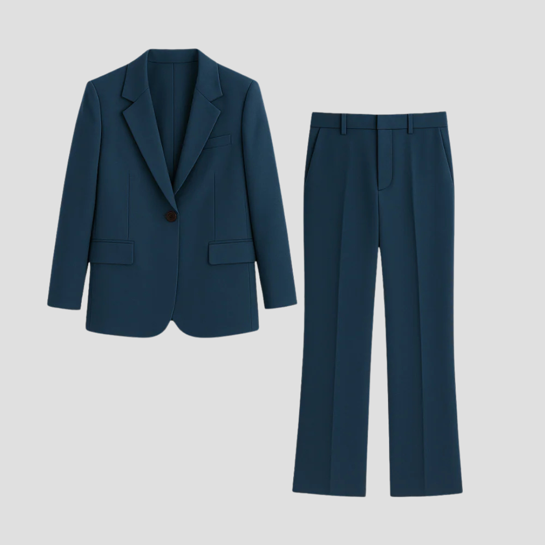 Flat lay of navy blue blazer and matching trousers suit set