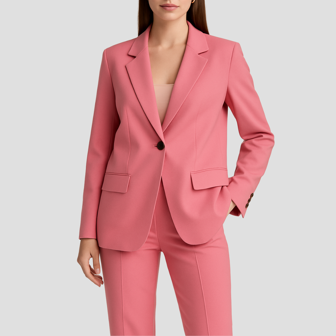 Model wearing pink women's tailored two-piece blazer suit set