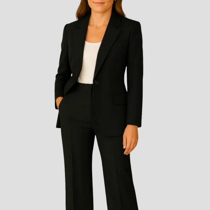 Back view of the elegant two-piece business attire showing fitted suit silhouette