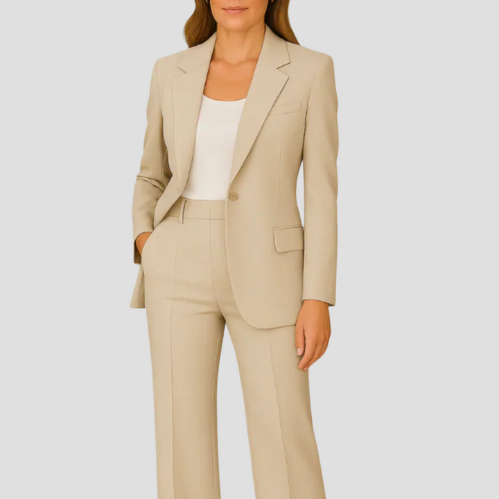 Full view of women's sophisticated formal wear matching set styled for professional use