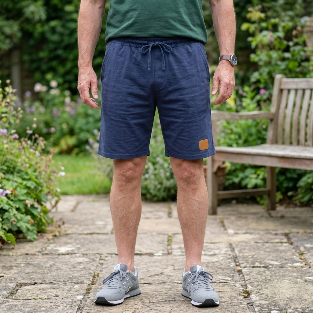 Full view of man wearing navy casual shorts with sneakers outdoors