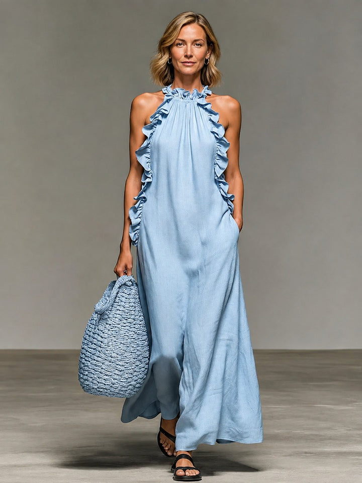 Light blue women's Melva maxi dress front view, casual long summer dress