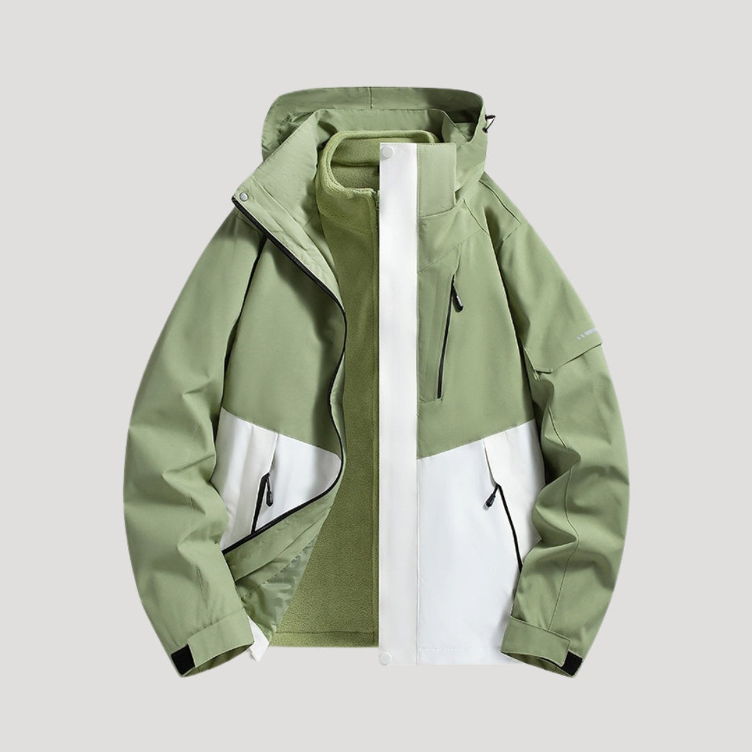 Women's green and white waterproof hooded outdoor jacket with front zipper