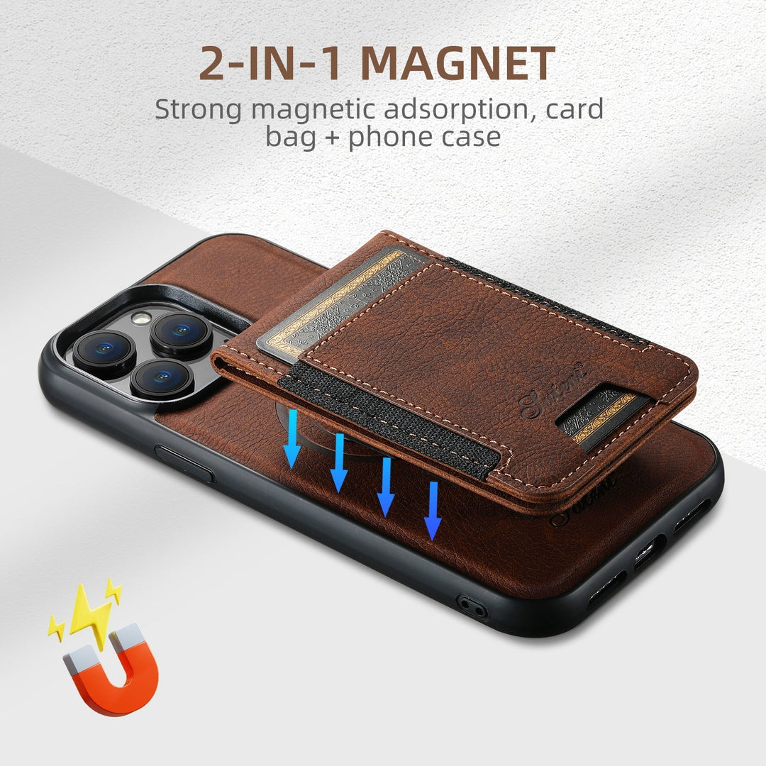 Magnetic card holder attaching to the back of a brown leather phone case