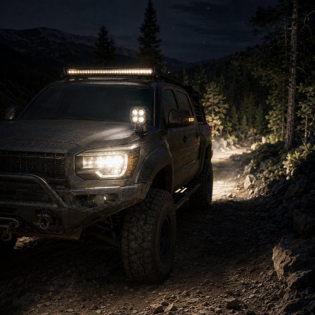 Off-road vehicle equipped with a 360° magnetic LED pod light illuminating a dark trail