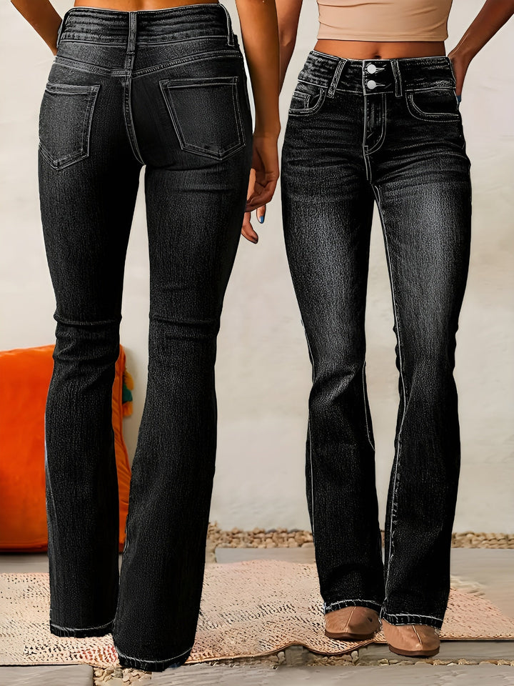 Back view of high rise flared denim jeans for women with deep pockets