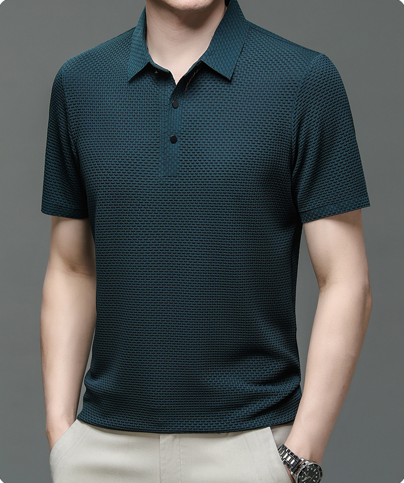 Detailed fabric texture of men's summer mesh button-up