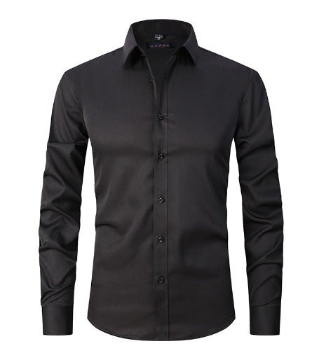 Men's wrinkle-resistant stretch dress shirt front view in solid color