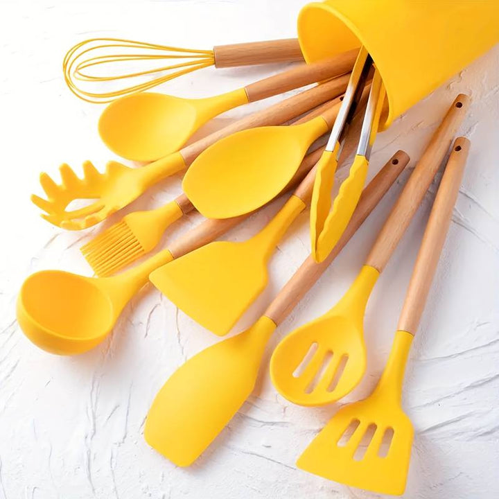 Top view of the full silicone kitchen gadget set ready for food prep