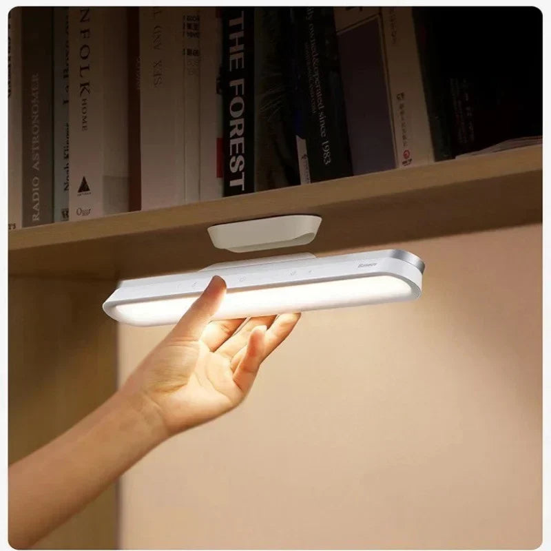 Close-up of touch control panel on rechargeable minimalist office desk lamp